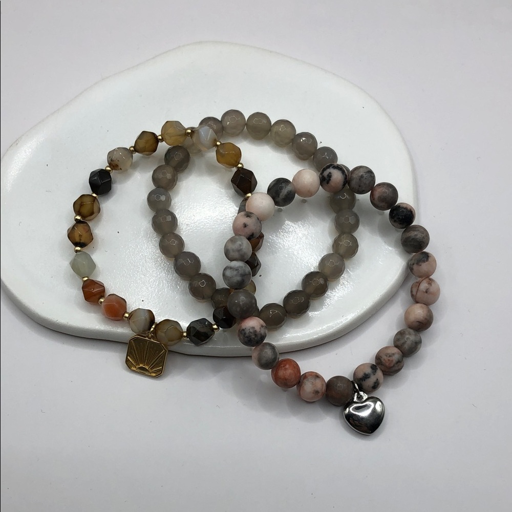 Earth tones natural polished stone roll on charm bracelets bundle 3 layer stack